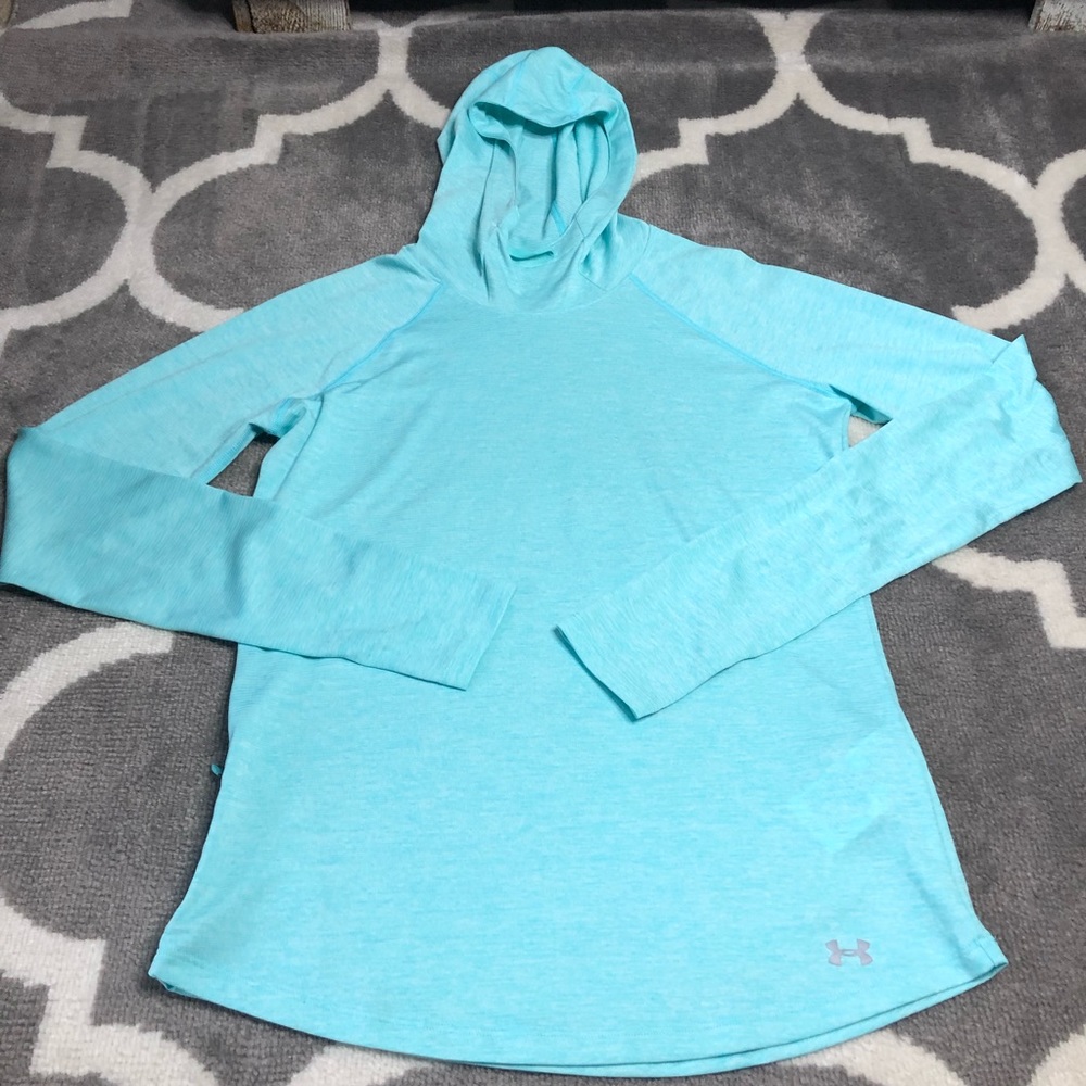 Under Armour Pullover Hoodie UA Womens Small Blue Run Fitted Thumbholes Pocket